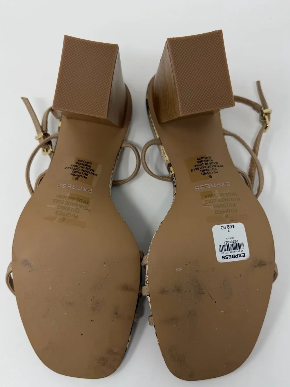 Women's Express Taupe Snakeskin Print Strappy Block Heel Sandals